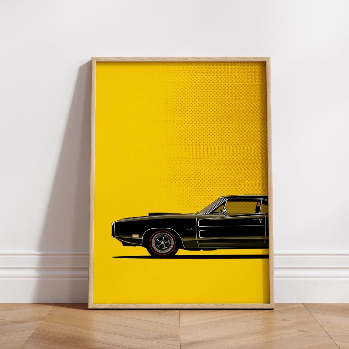 Black Classic Muscle Car on Bright Yellow Pop Art Style Poster