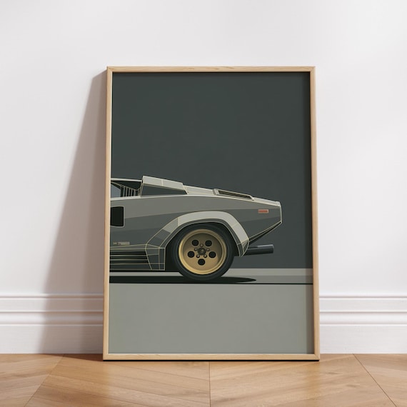 Retro Supercar Print 80s Exotic Car Wall Art Minimalist Gray Sports Poster For Garage Or Home Decor