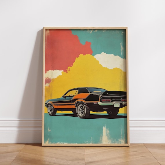 Retro Black Orange Muscle Car Vintage Sunset Garage Wall Poster