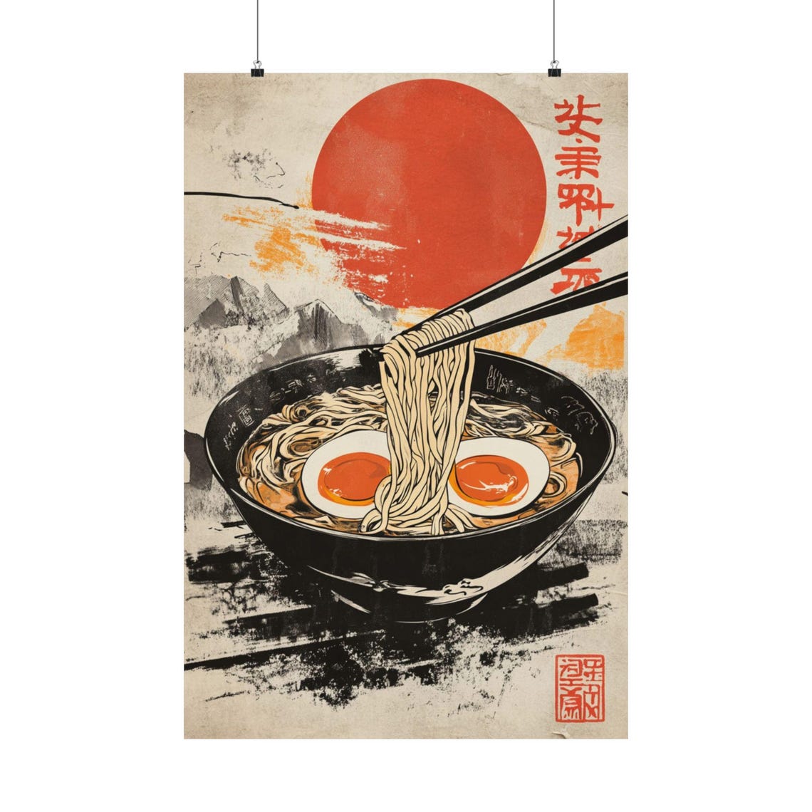Japanese Ramen Bowl Noodle Art With Vintage Red Sun Kitchen Poster - Image 2