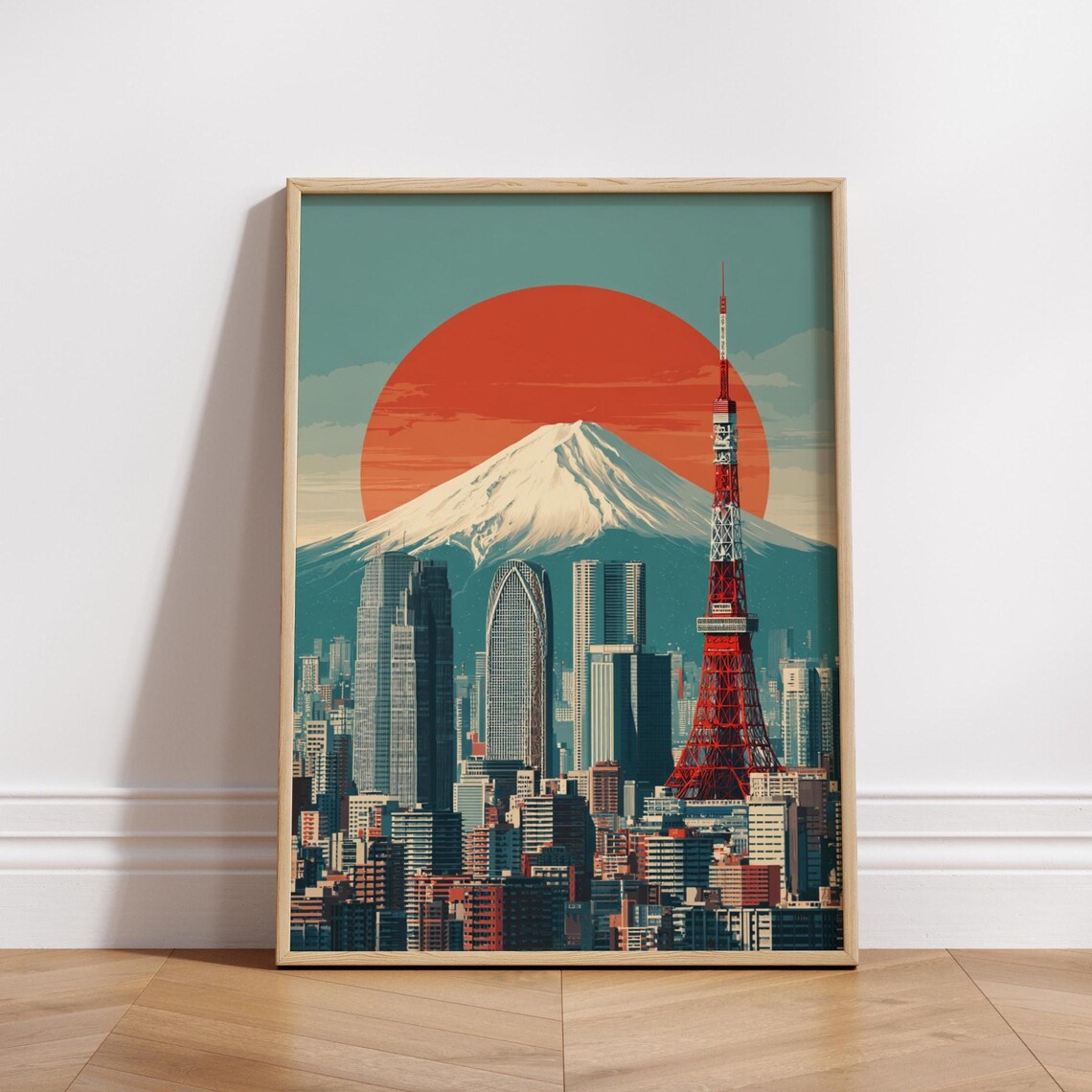 Tokyo Retro Travel Poster Mount Fuji Tokyo Tower Red Sun City Art