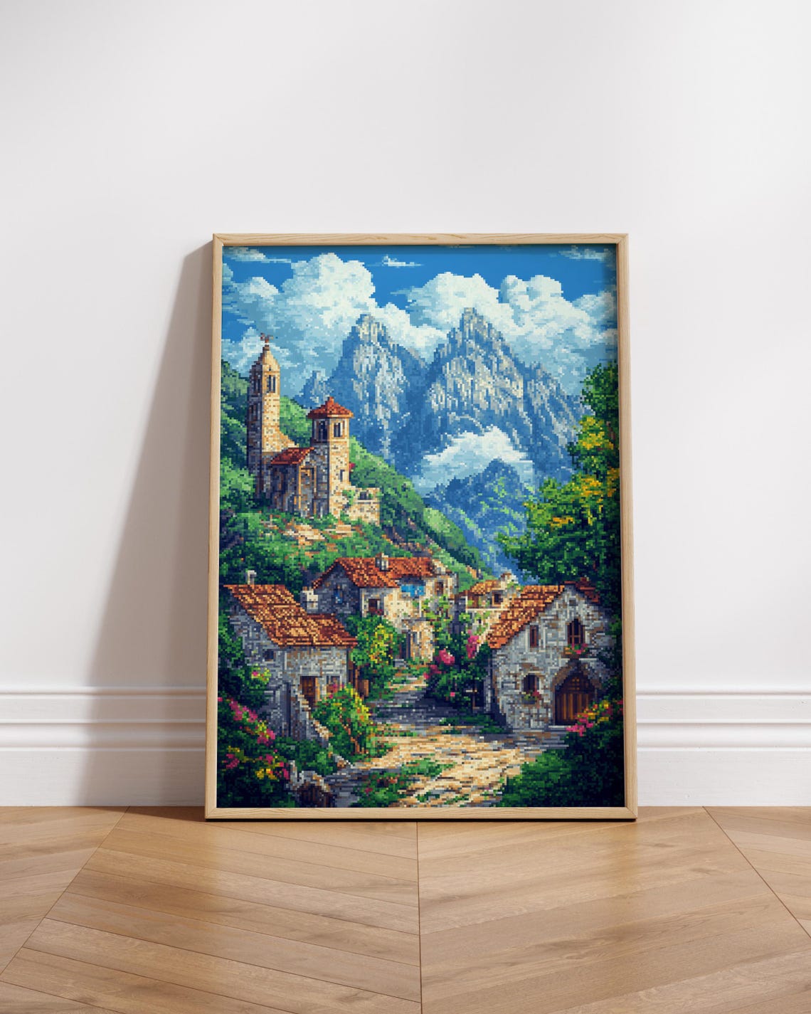 Pixel Art Alpine Village Poster 8-Bit Mountain Church Town Scene