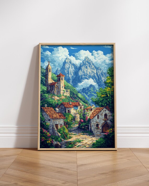 8bit Mountain Village Pixel Art Fantasy Countryside Poster Rustic Cottage Landscape Wall Decor Retro Gaming Print