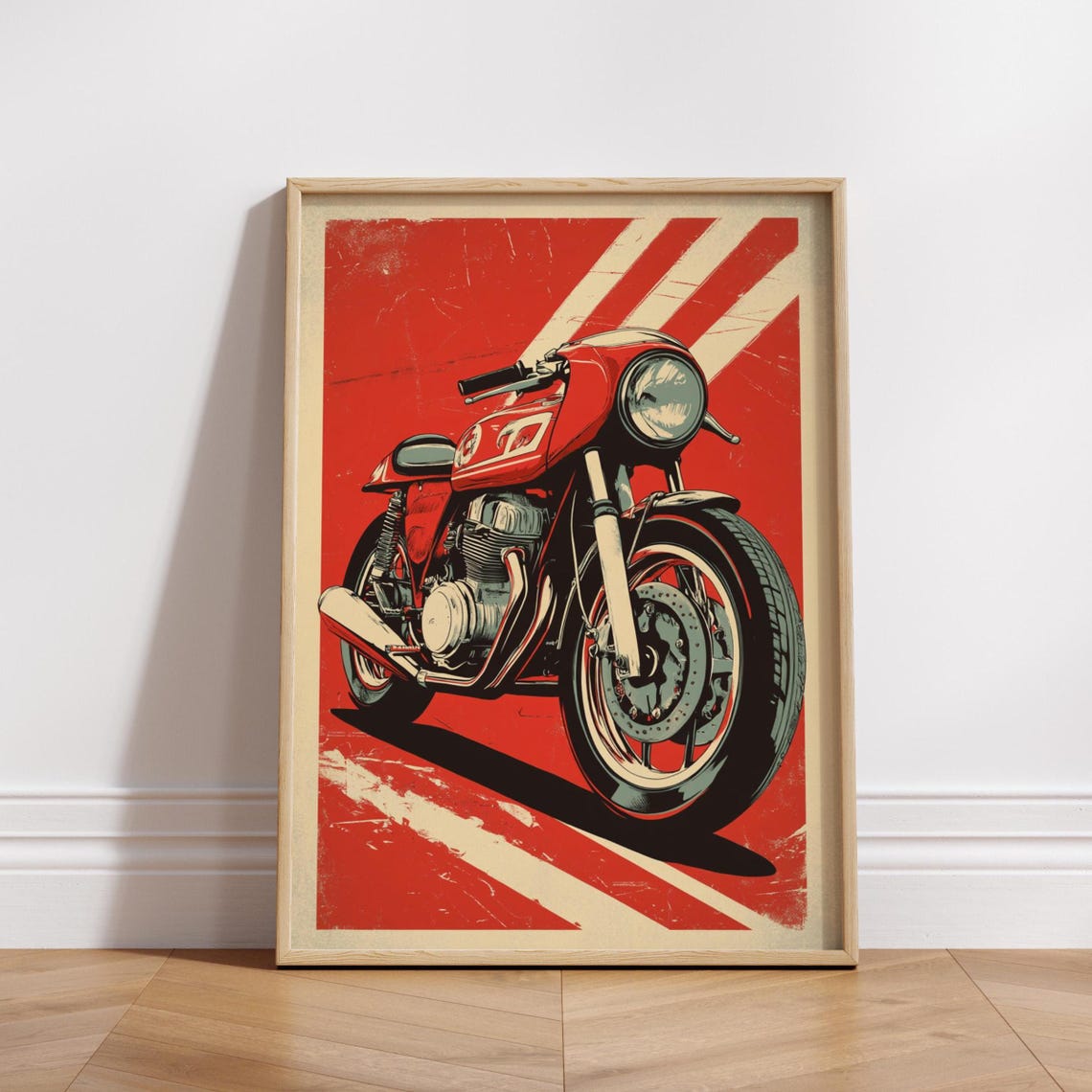 Bold Red Cafe Racer Motorcycle Retro Speed Stripes Bike Art Poster