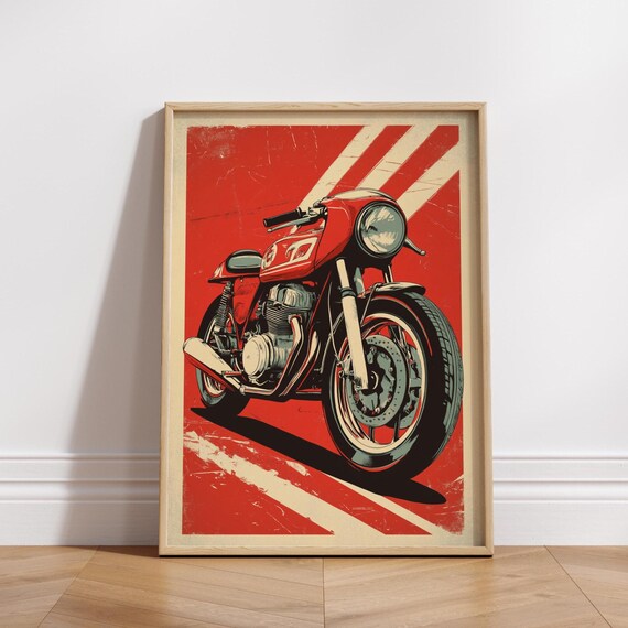 Red Cafe Racer Poster Retro Motorcycle Wall Art Bold Biker Print Vintage Racing Bike Decor Classic Moto Gift Pop Garage