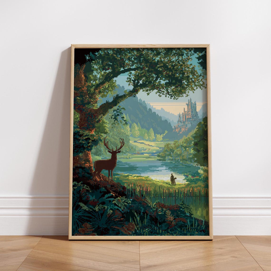 8-Bit Castle Lake and Deer Pixel Art Poster for Retro Gaming Decor