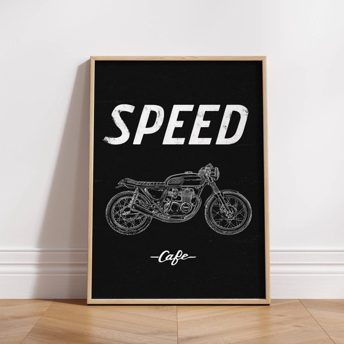 Speed Cafe Racer Motorcycle Line Art Bold Vintage Black Style Poster