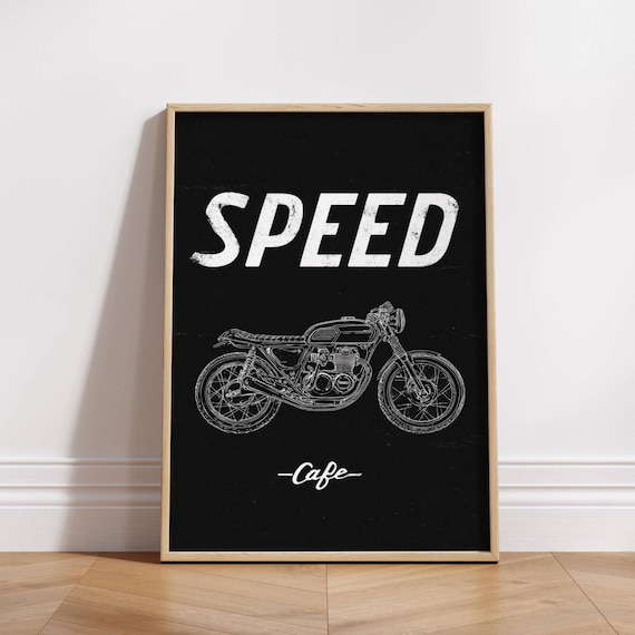 Speed Cafe Racer Motorcycle Line Art Bold Vintage Black Style Poster