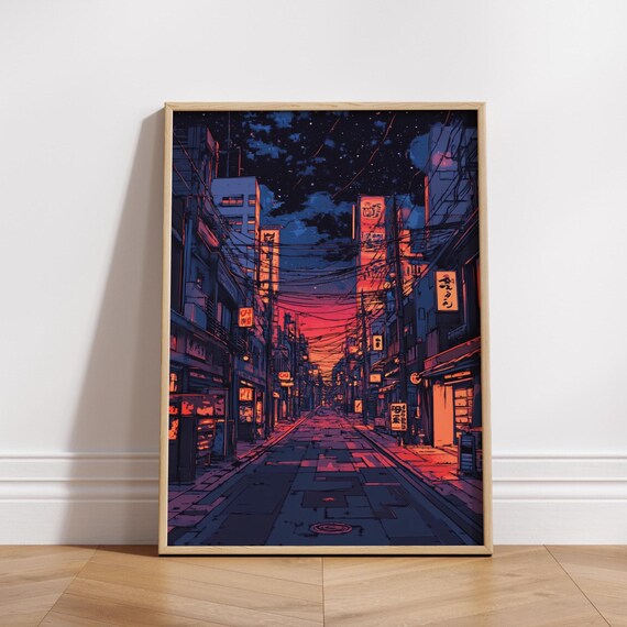 Lofi Japanese Street Poster Retro Anime Cityscape Wall Art Night Sky Neon Print Vaporwave Room Decor Urban Japan Gift