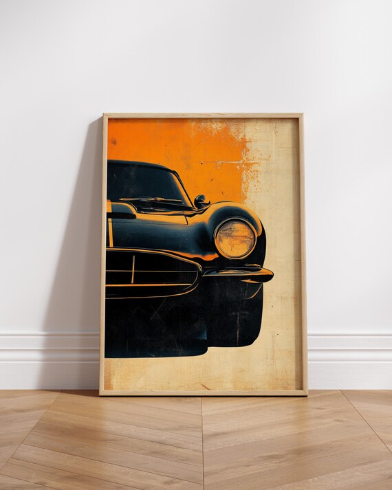 Black Vintage Racing Car Front Orange Retro Automotive Art Poster
