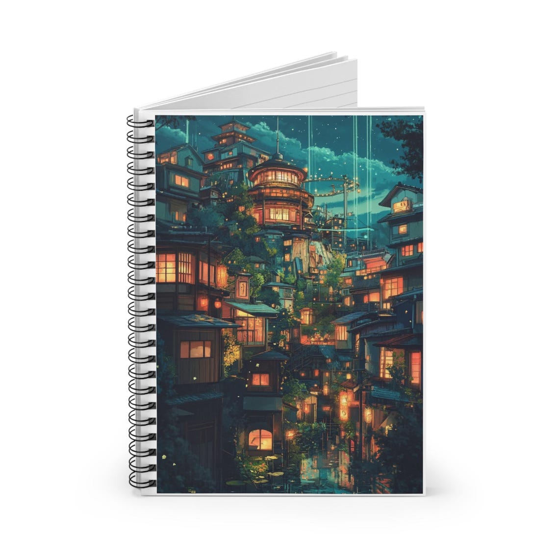 Dreamy Anime Lantern Lit Night City Cover Art Spiral Notebook Print - Image 3