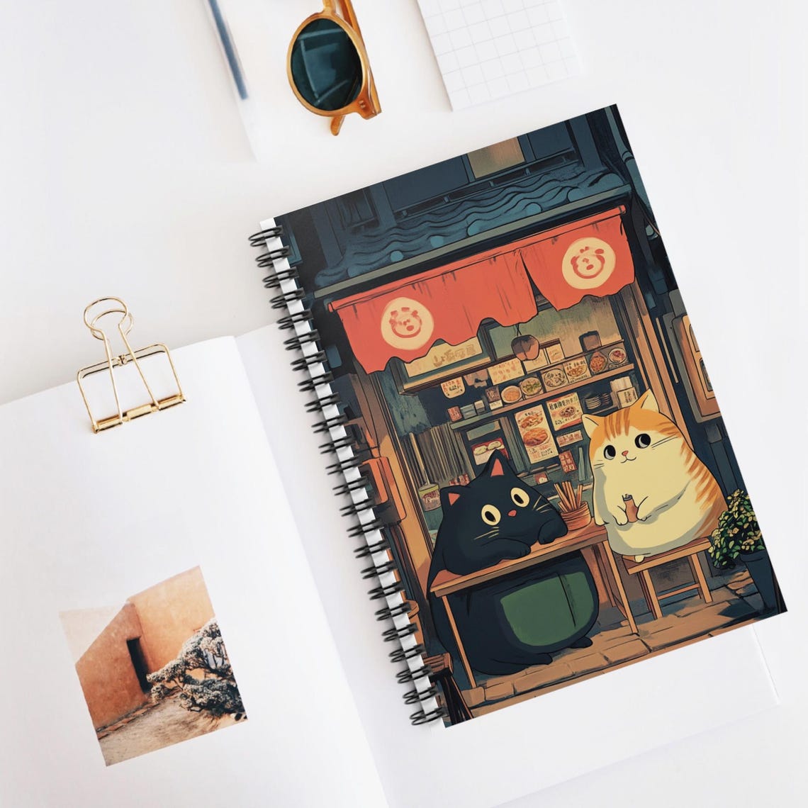 Adorable Cute Cats Ramen Shop Night Cover Art Spiral Notebook Print - Image 2