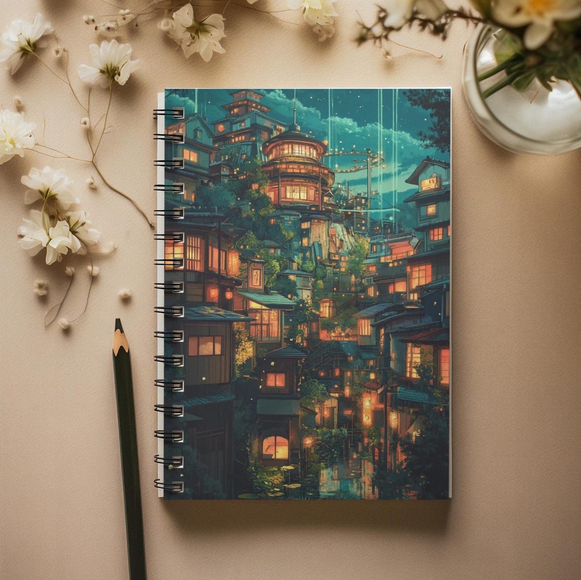 Dreamy Anime Lantern Lit Night City Cover Art Spiral Notebook Print