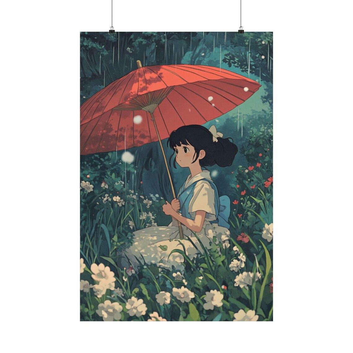 Anime Girl With Red Umbrella In Rainy Flower Garden Illustration Poster - Image 2