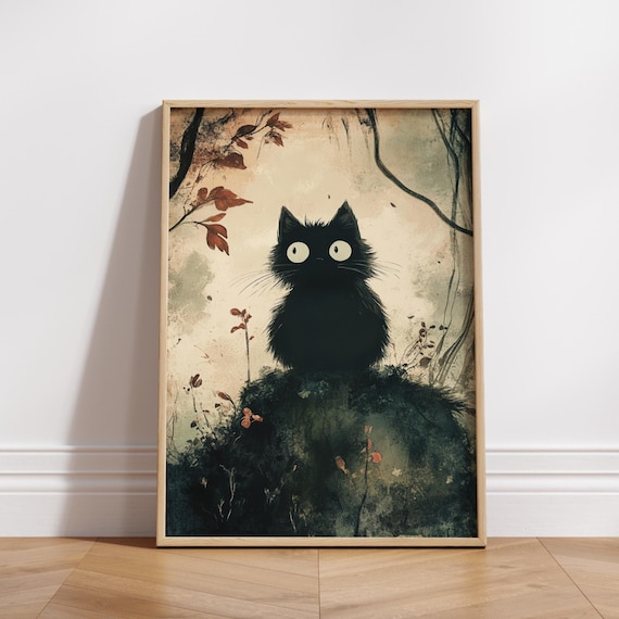 Cute Spooky Black Cat in Autumn Forest Whimsical Nursery Wall Poster