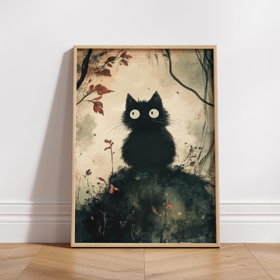 Cute Spooky Black Cat in Autumn Forest Whimsical Nursery Wall Poster