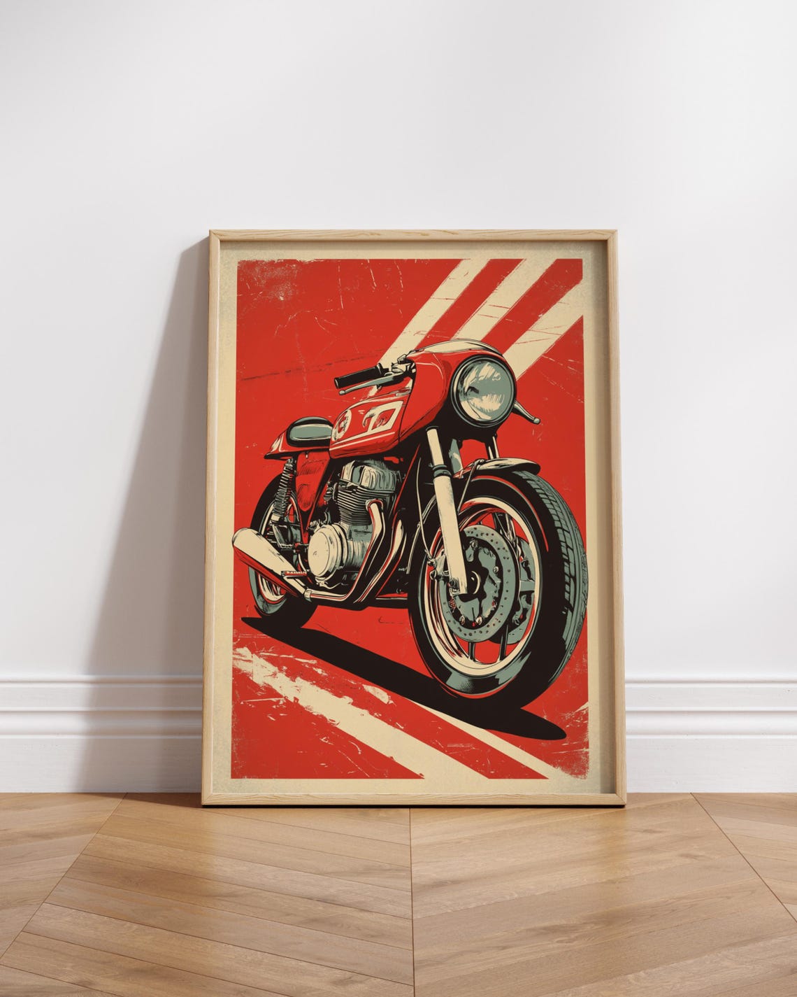 Red Cafe Racer Motorcycle Pop Art Racing Stripes Vintage Poster