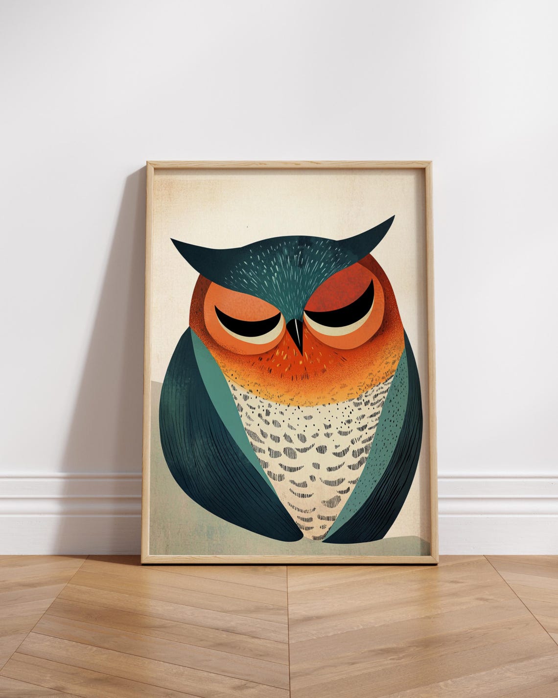 Sleeping Owl Geometric Orange Teal Animal Illustration Poster