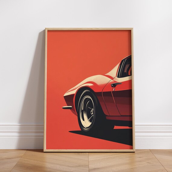 Minimalist Vintage Sports Car Poster Retro Red Auto Wall Art Clean Vector Print Bold Orange Decor Gift For Enthusiasts