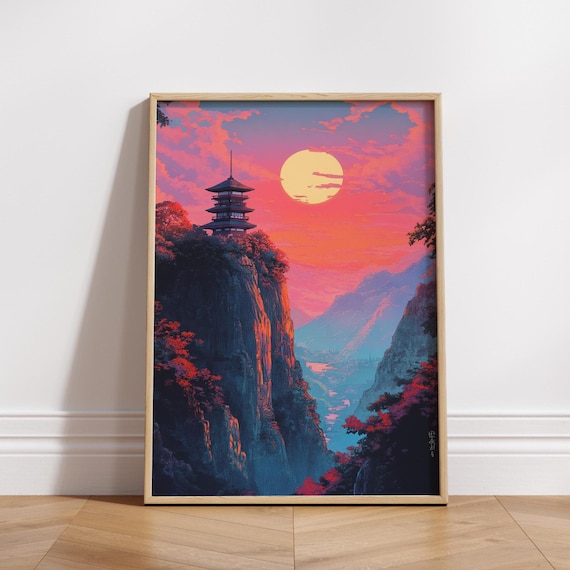 Serene 8bit Landscape Poster Asian Inspired Wall Art Home Decor Gift For Nature Lovers Meditation Colorful Sunset