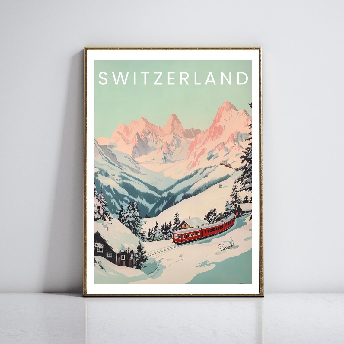 Switzerland Red Alpine Railway Snowy Peaks Winter Travel Poster