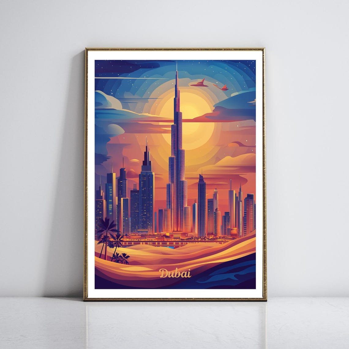 Dubai Burj Khalifa Skyline Desert Dunes Sunset Travel Poster