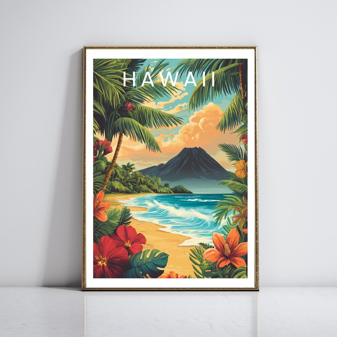 Hawaii Volcano Beach Hibiscus Sunset Tropical Island Travel Poster