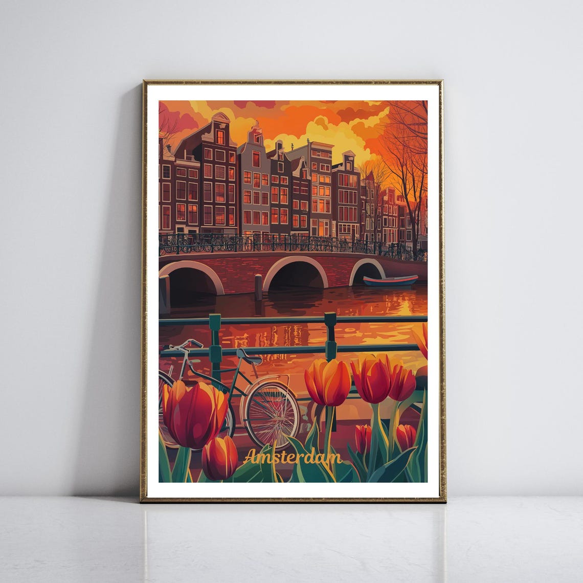 Amsterdam Netherlands Canal Tulips Sunset Bridge Travel Poster