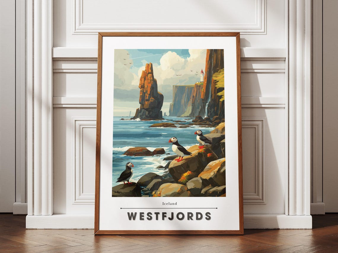 Iceland Westfjords Sea Cliffs Lighthouse and Puffins Travel Poster
