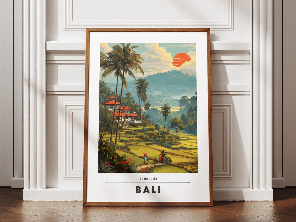 Bali Indonesia Rice Terraces and Palm Trees Tropical Travel Poster