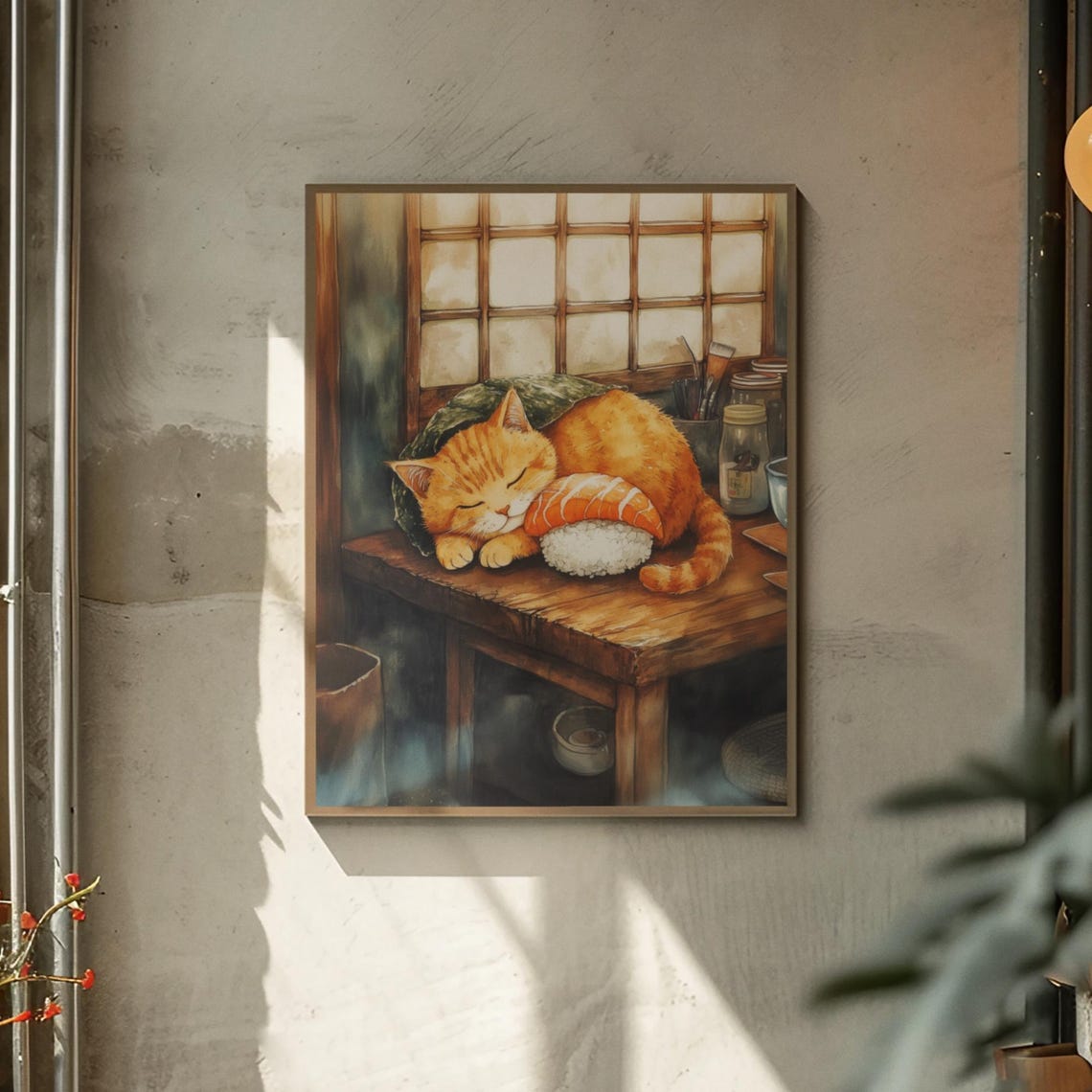 Orange Cat Sleeping Like Sushi With Salmon Slice On Counter Poster - Image 2