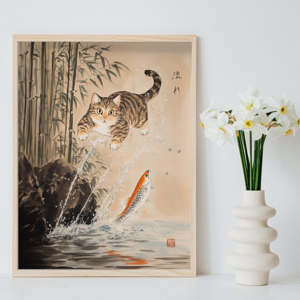 Tabby Cat Pouncing At Leaping Fish In Bamboo Ink Wash Poster - Image 8