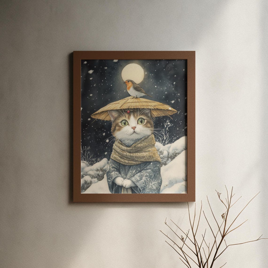 Tabby Cat In Straw Hat With A Robin Perched On A Snowy Night Poster - Image 6
