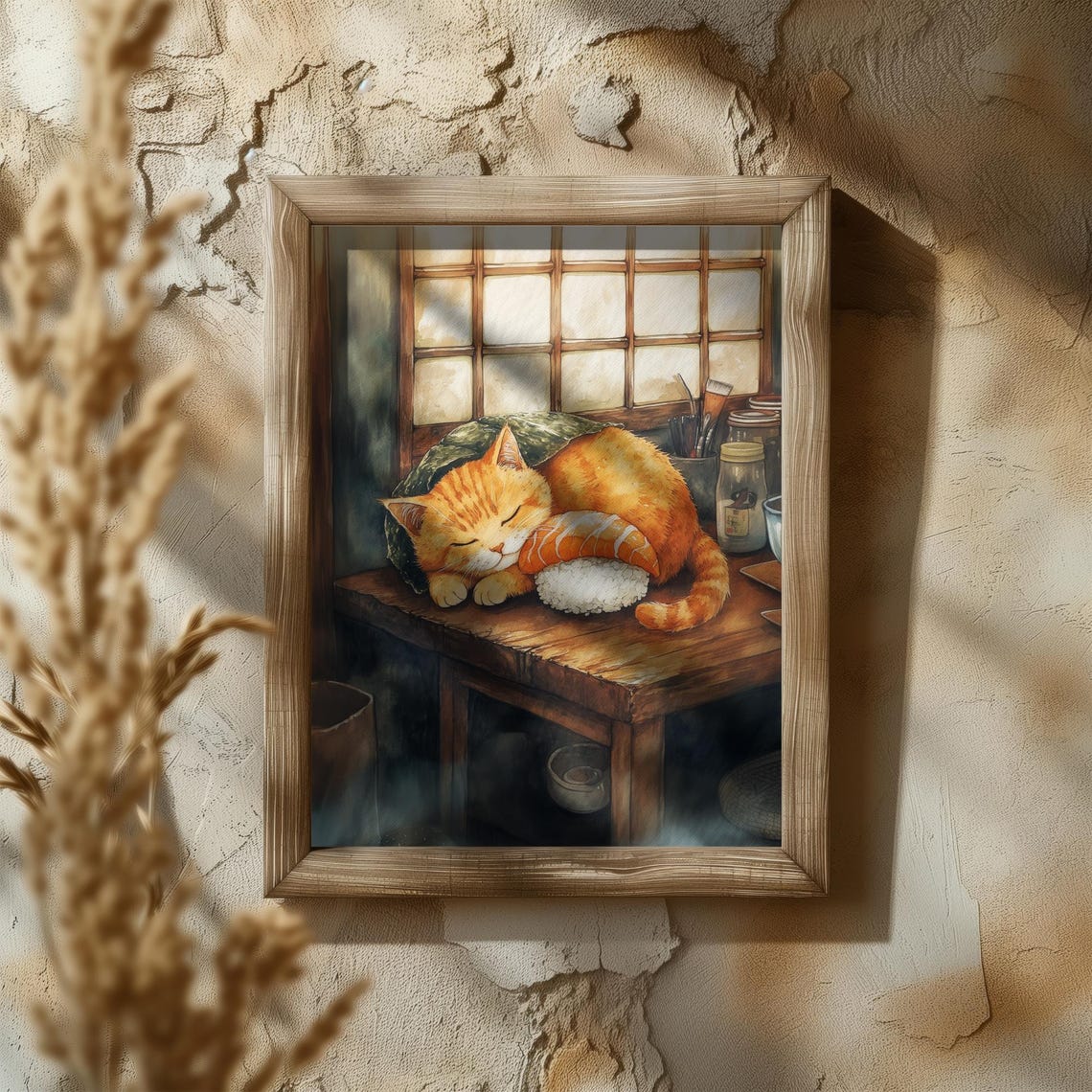 Orange Cat Sleeping Like Sushi With Salmon Slice On Counter Poster - Image 5