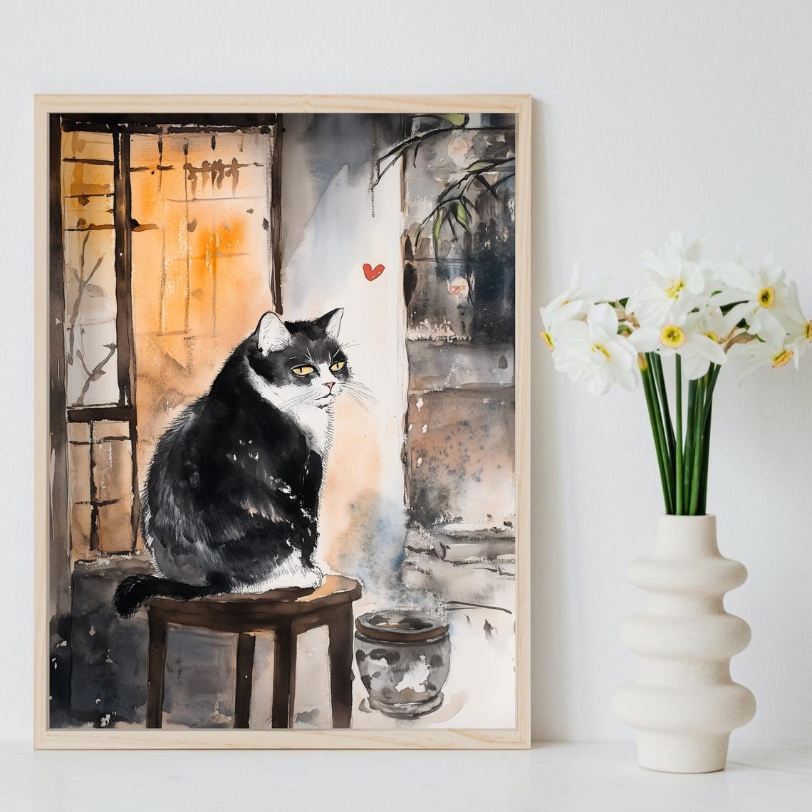 Tuxedo Cat On Stool By Glowing Shoji Window Red Heart Poster - Image 8