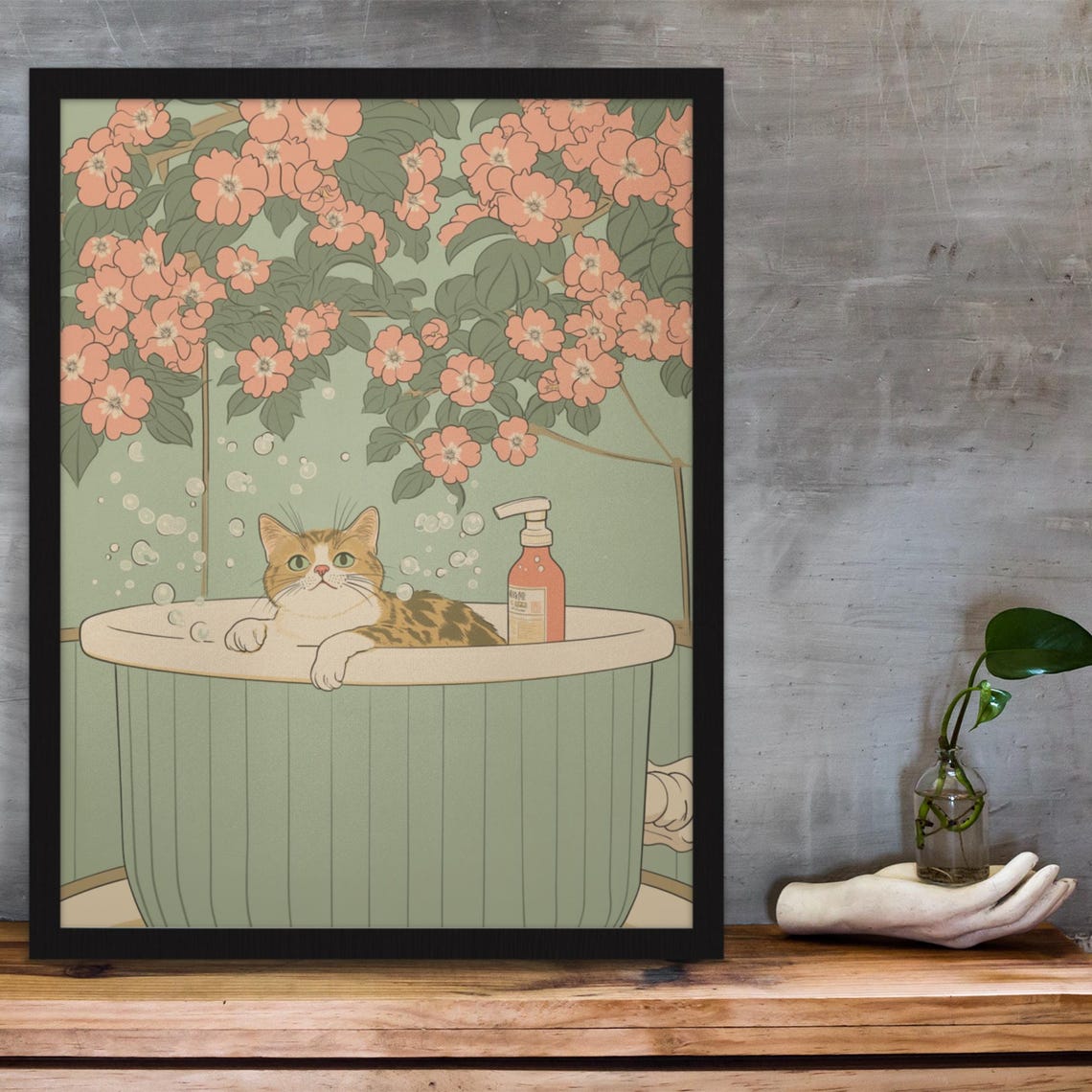 Tabby Cat Soaking In Mint Bubble Tub Under Cherry Blossom Poster - Image 3