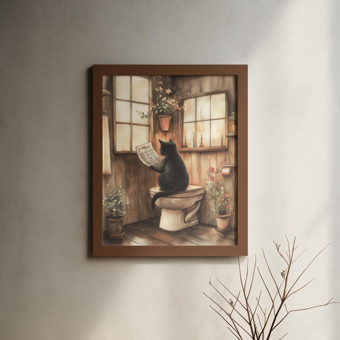Black Cat Reading Newspaper On Toilet In Rustic Cabin Poster - Image 6