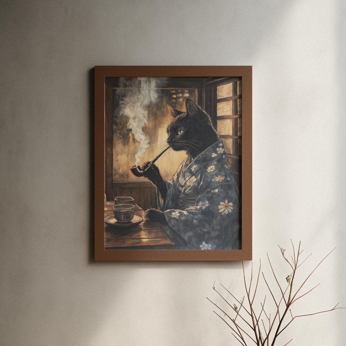 Black Cat Enjoying A Long Pipe In A Dark Floral Kimono Poster - Image 6