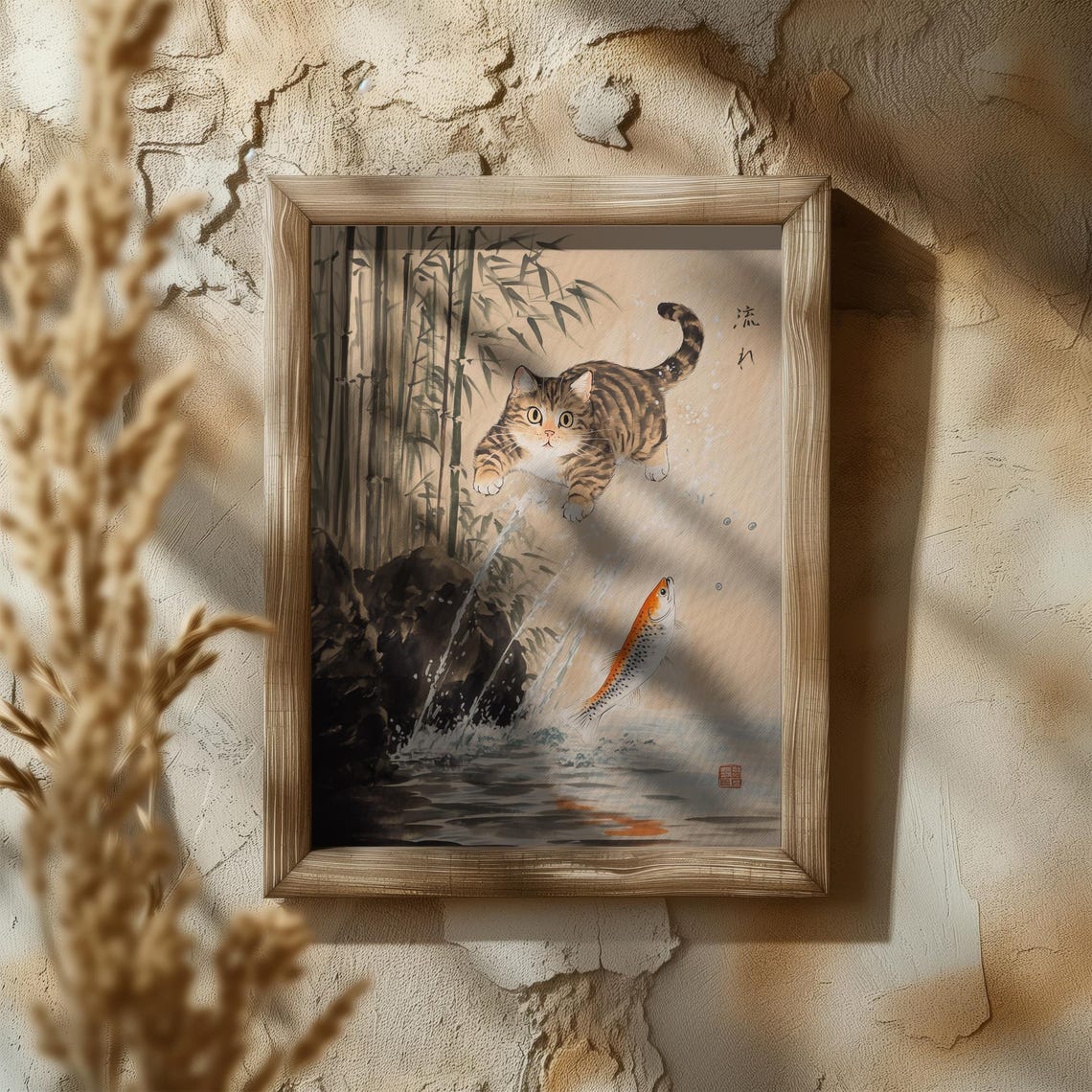 Tabby Cat Pouncing At Leaping Fish In Bamboo Ink Wash Poster - Image 5