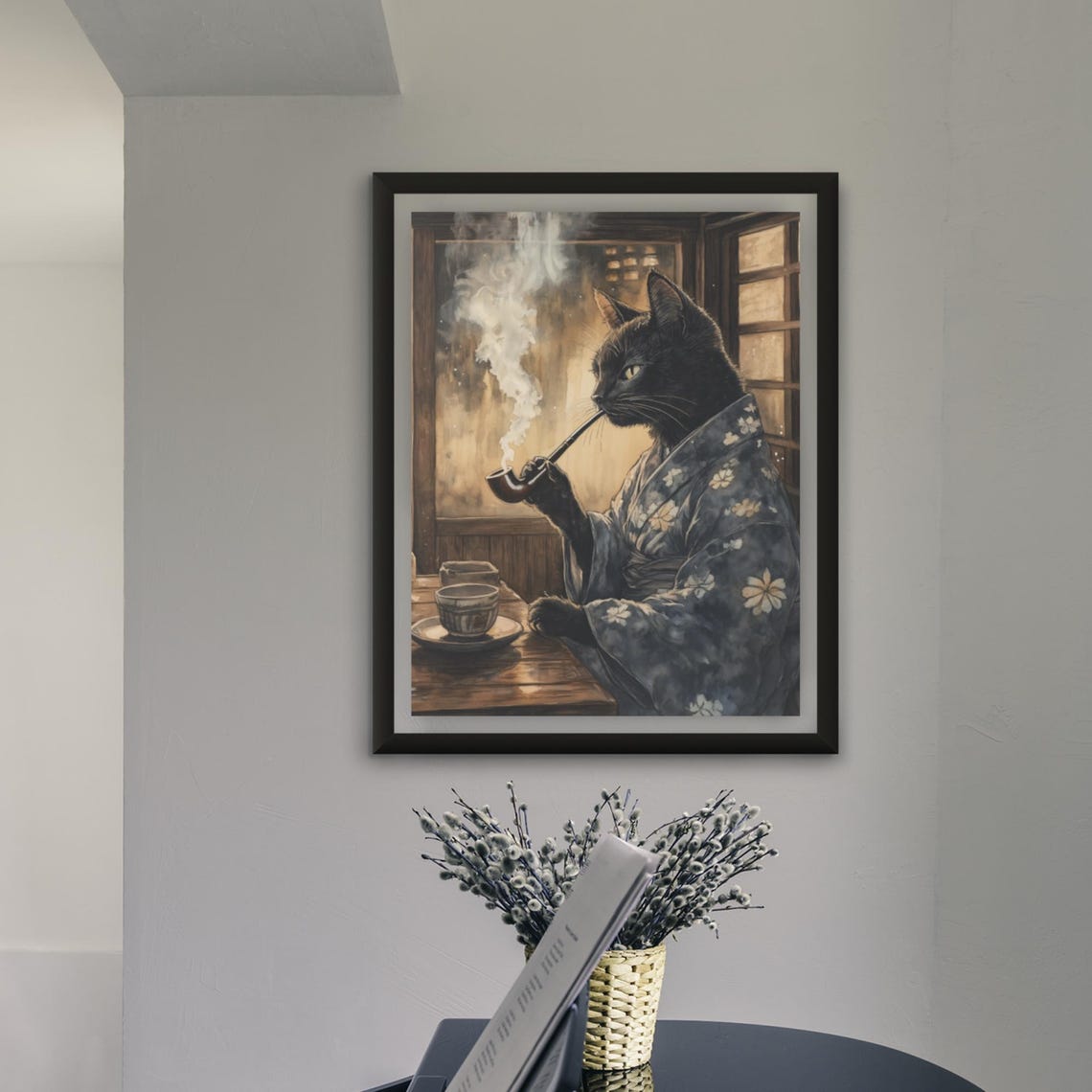 Black Cat Enjoying A Long Pipe In A Dark Floral Kimono Poster - Image 4