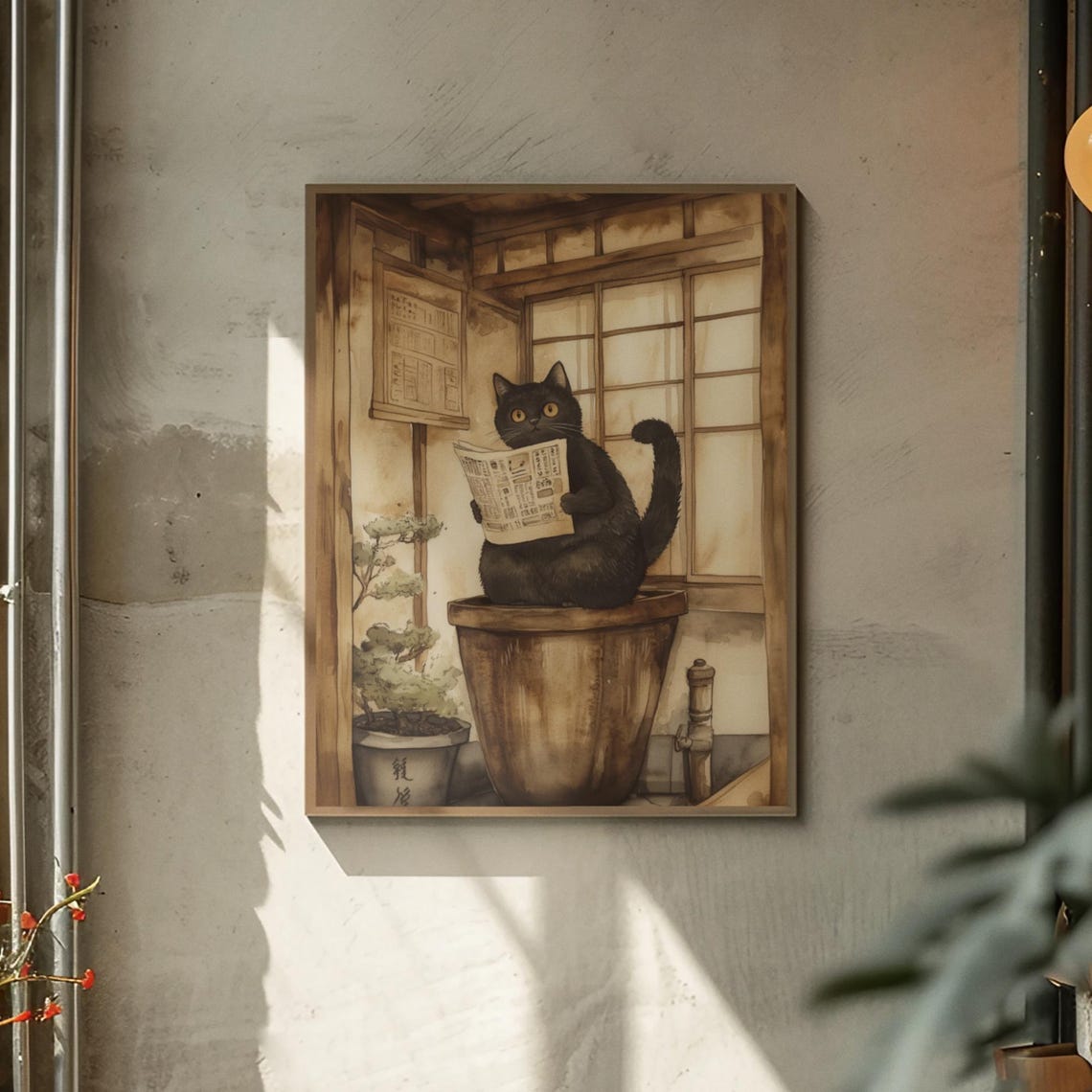 Black Cat Reading Newspaper On Wooden Tub Japanese Bath Poster - Image 2
