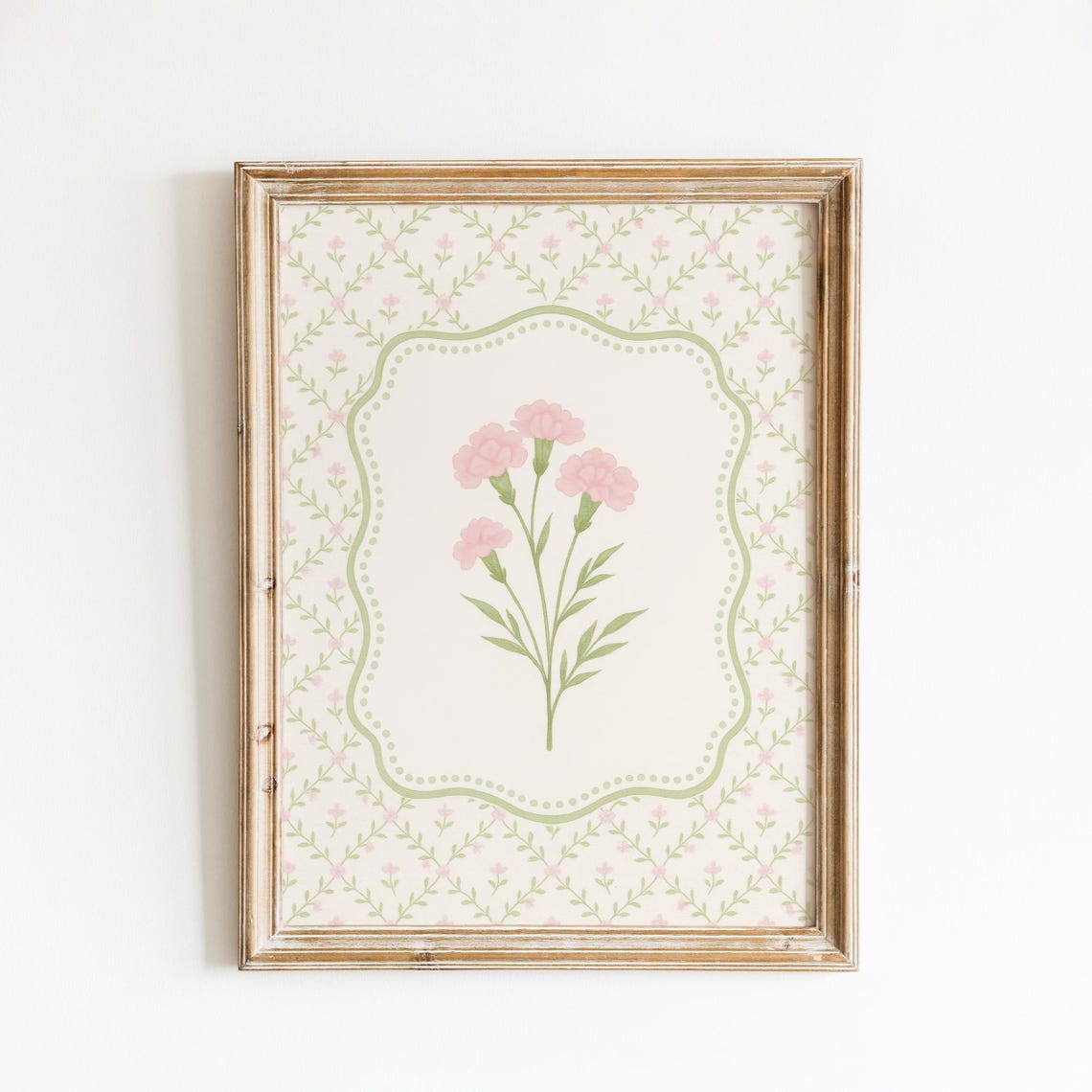 Vintage Pink Carnations Botanical Framed Floral Illustration Print