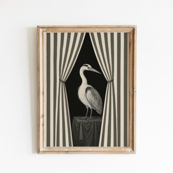 Heron Theater Print Gothic Bird Art With Curtain Stripes