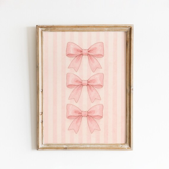 Three Blush Pink Watercolor Bows Stacked Striped Coquette Nursery Print