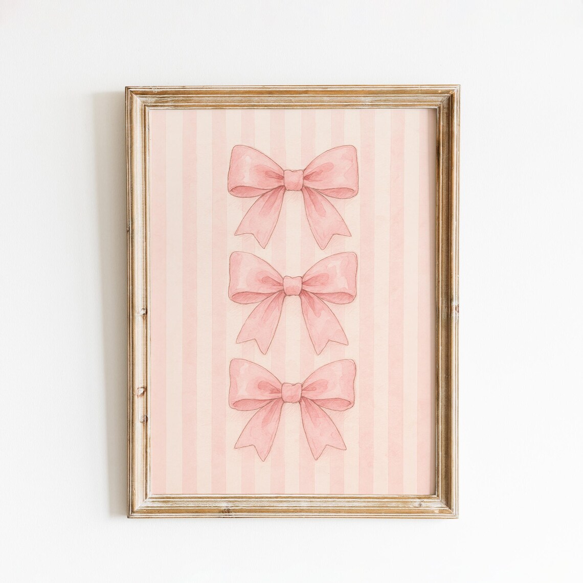 Three Blush Pink Watercolor Bows Stacked Striped Coquette Nursery Print