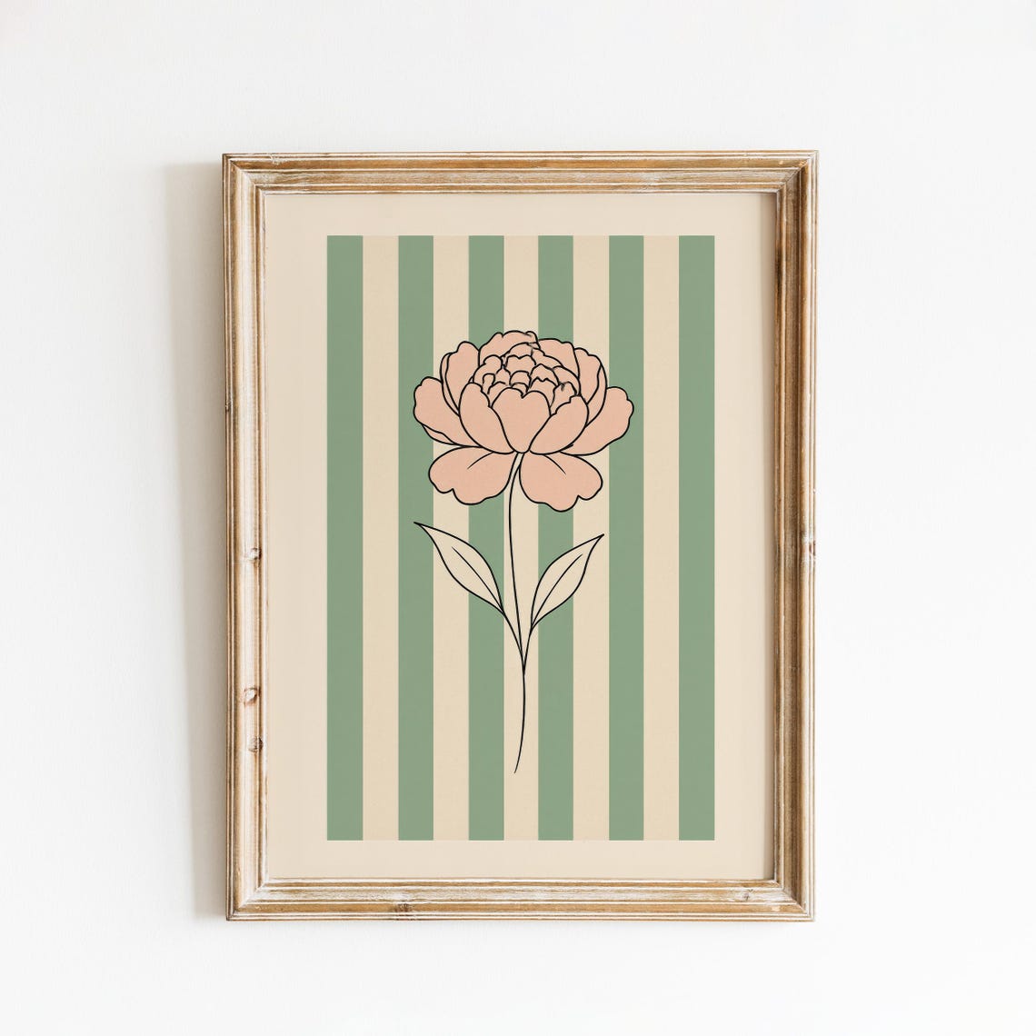 Blush Pink Peony Line Art Sage Striped Vintage Floral Poster