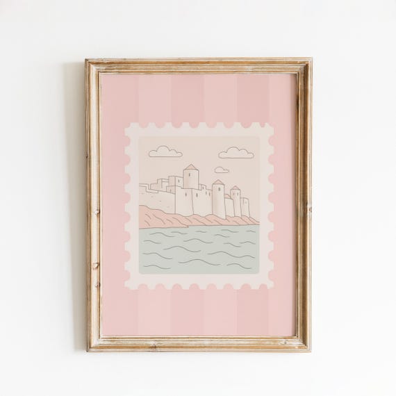Castle By The Sea Print Pastel Fortress Poster Coastal Wall Stamp Art