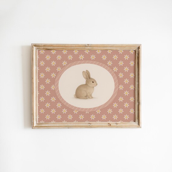 Vintage Bunny Nursery Poster With Pink Daisy Pattern And Oval Portrait