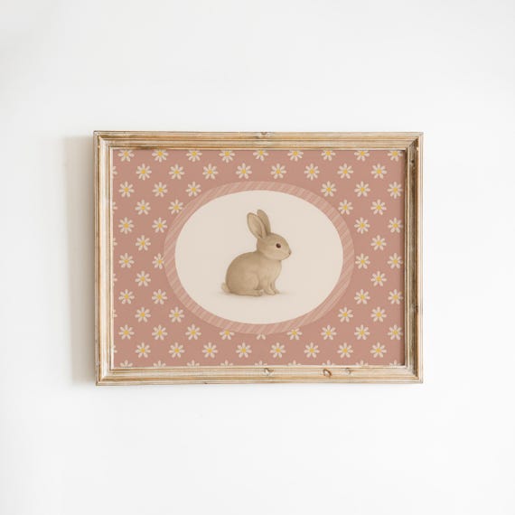 Vintage Bunny Print Pink Daisy Floral Nursery Wall Art