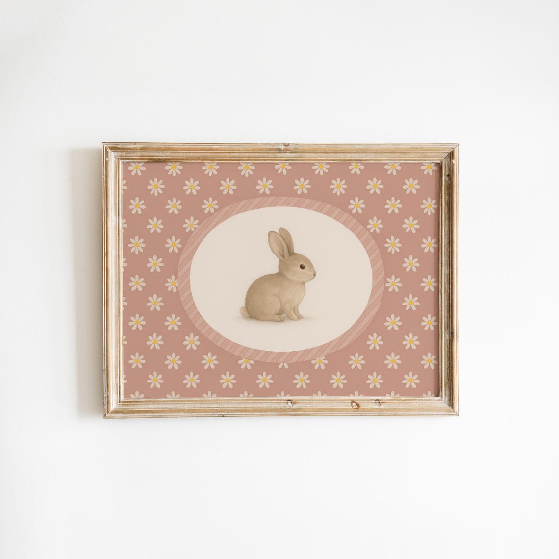 Vintage Bunny Nursery Poster With Pink Daisy Pattern And Oval Portrait